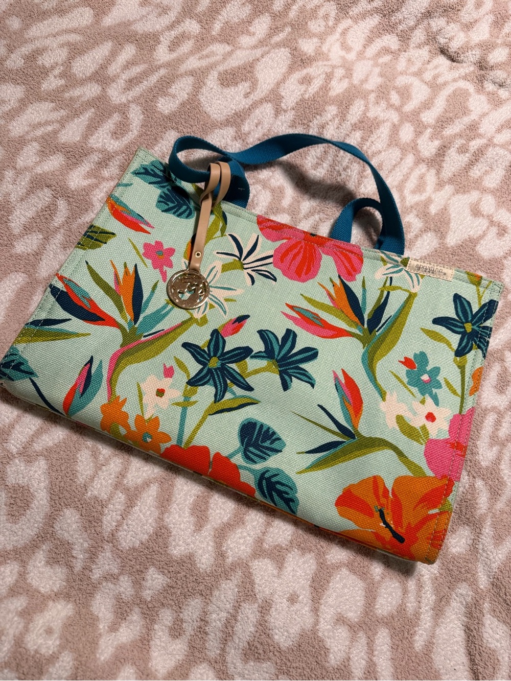 Spartina 449 Floral Tote in Mint with Navy, Coral & Green Accents
